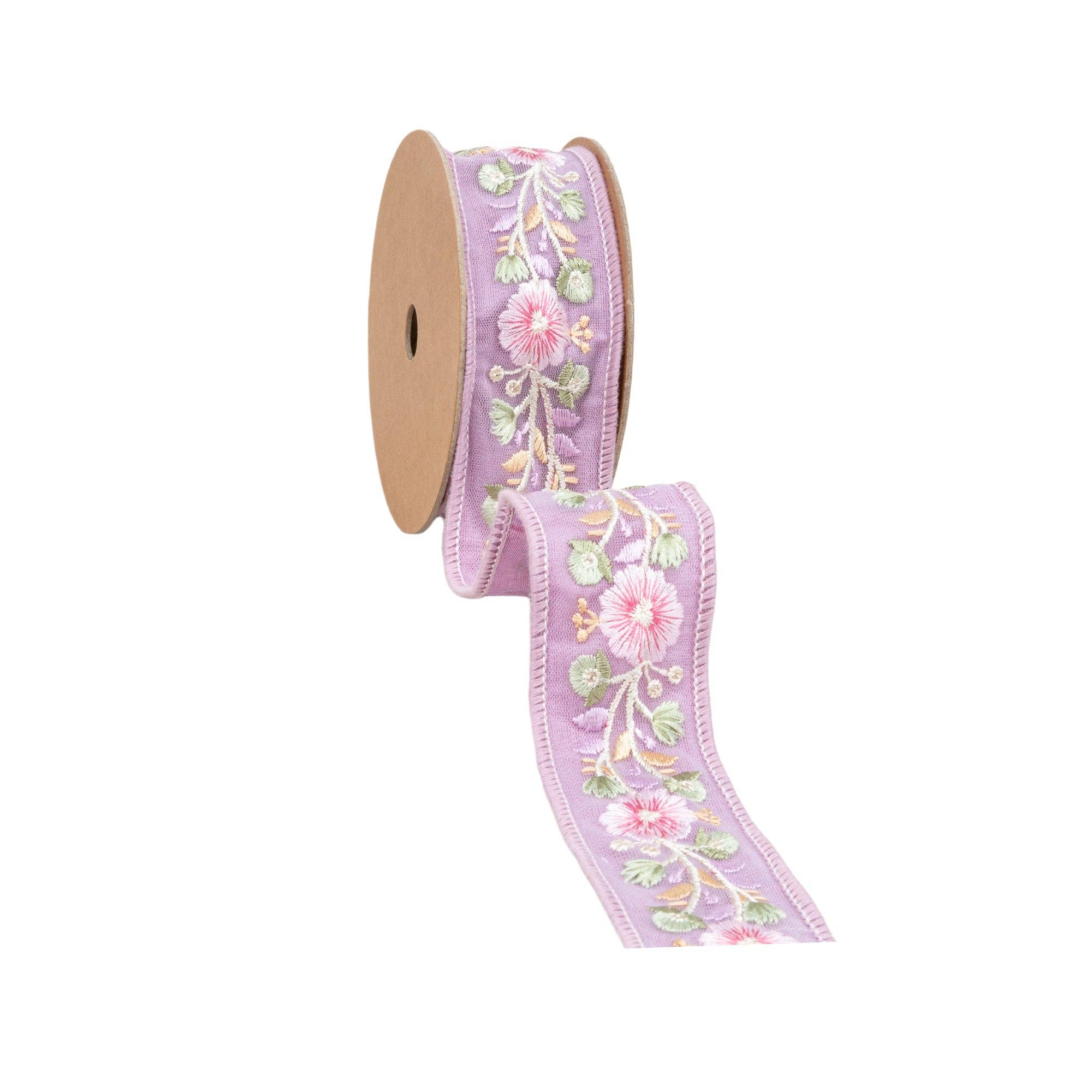 1 1/2" Wired Dupioni Ribbon | Lavender Flower Trim | 5 Yard Roll