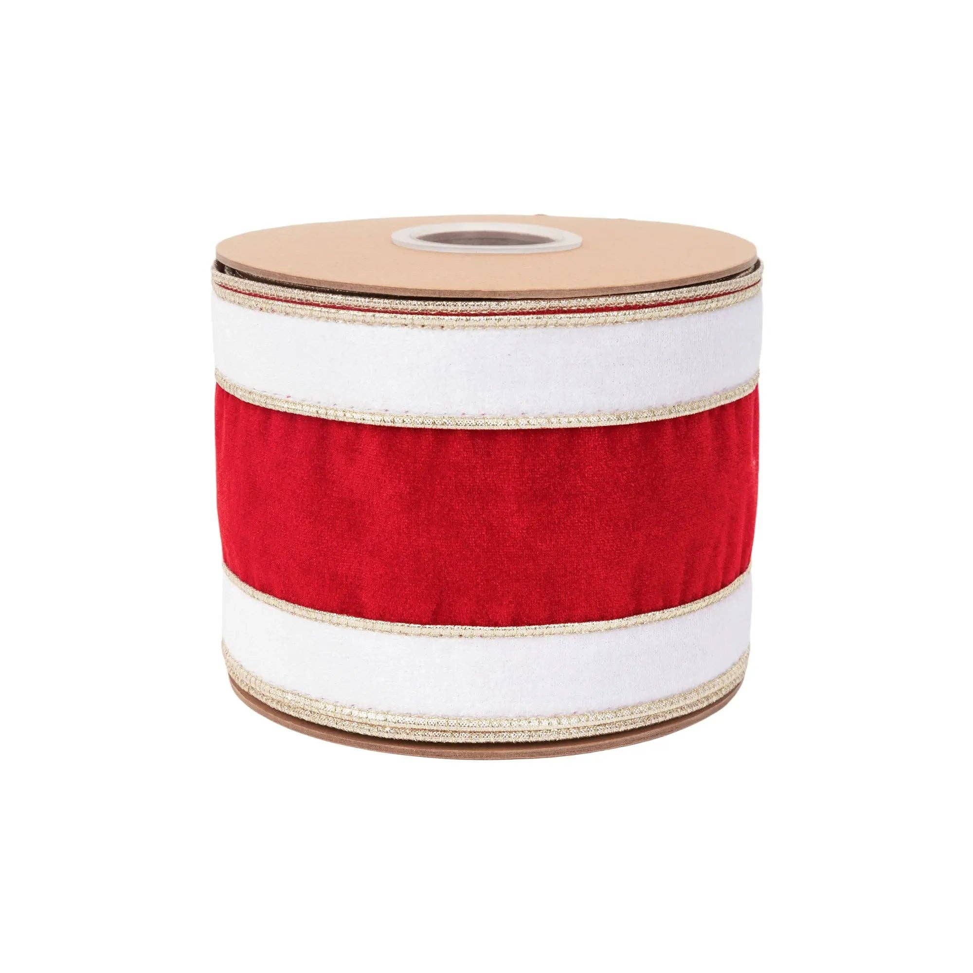 4" Wired Velvet Ribbon | Red/White/Gold Banded w/ Gold Backing | 10 Yard Roll