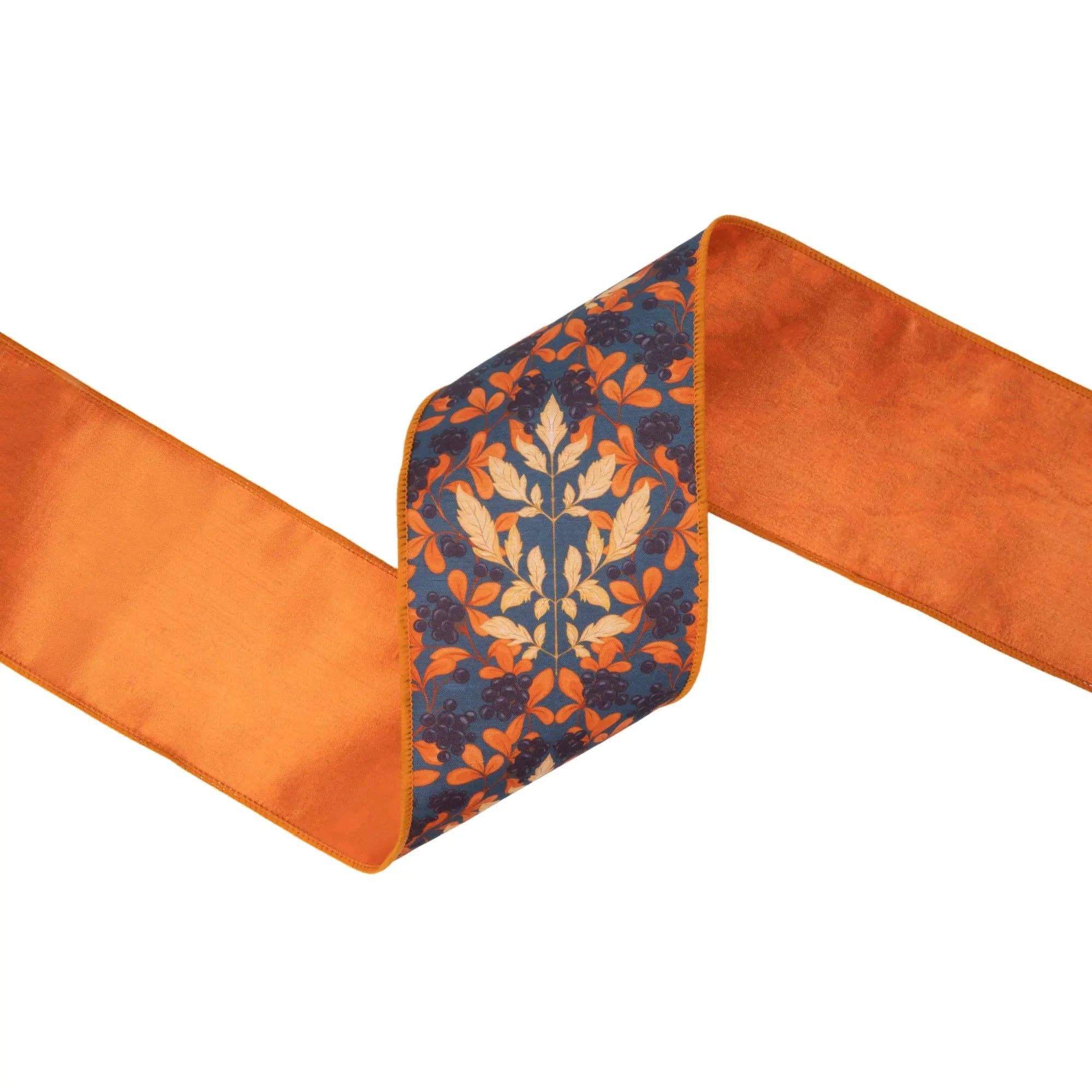 4" Wired Dupioni Ribbon | Orange and Cream Flame Print on Blue w/ Satin Orange Backing | 10 Yard Roll