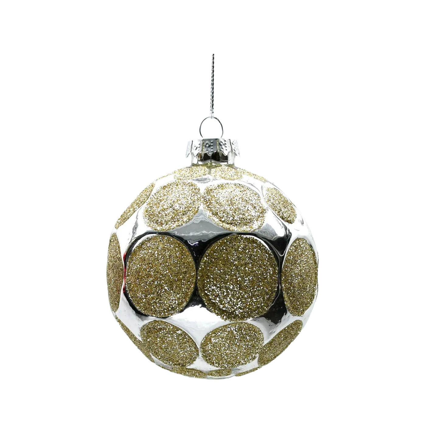 CLOSEOUT 80Mm Silver Glass Ornament W/ Gold Glitter: 100%GLASS / Christmas