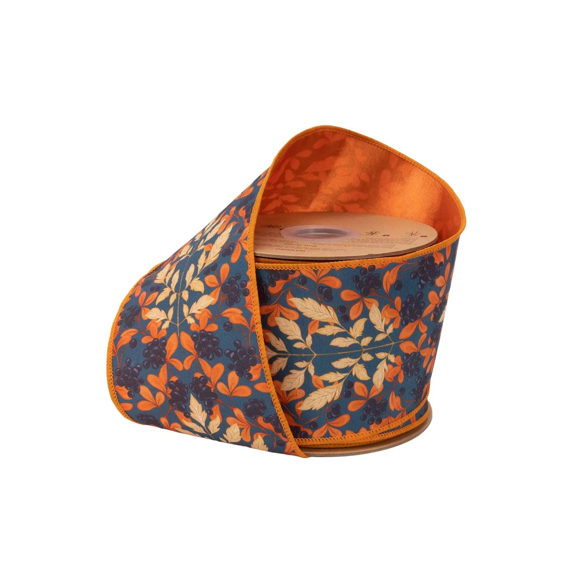 4" Wired Dupioni Ribbon | Orange and Cream Flame Print on Blue w/ Satin Orange Backing | 10 Yard Roll