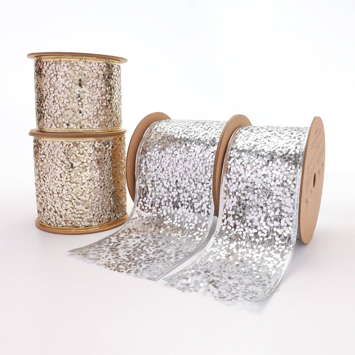 3" Sequin Wired Ribbon | White Gold | 10 Yard Roll