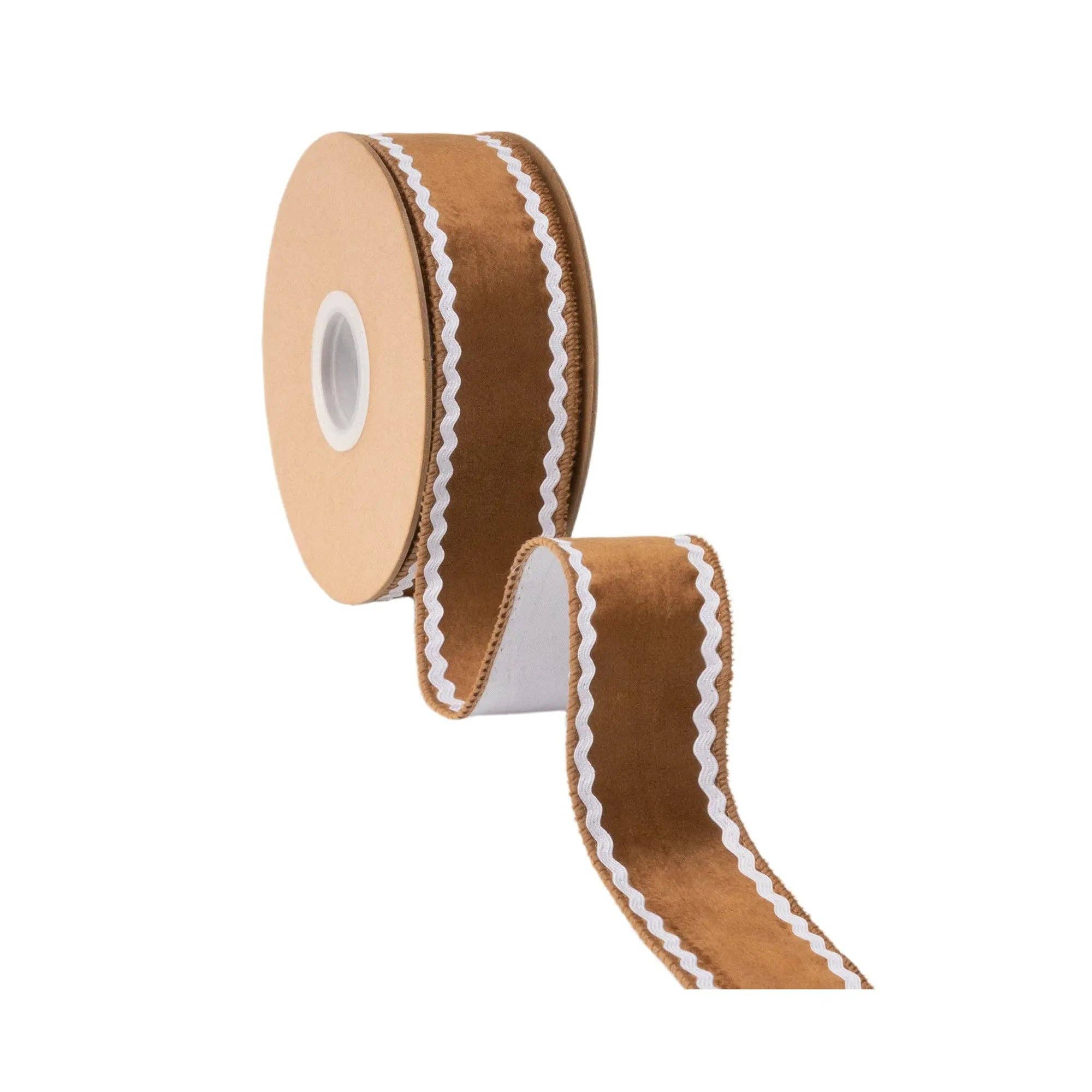 1 1/2" Wired Velvet Ribbon | Gingerbread w/ White Backing | 10 Yard Roll