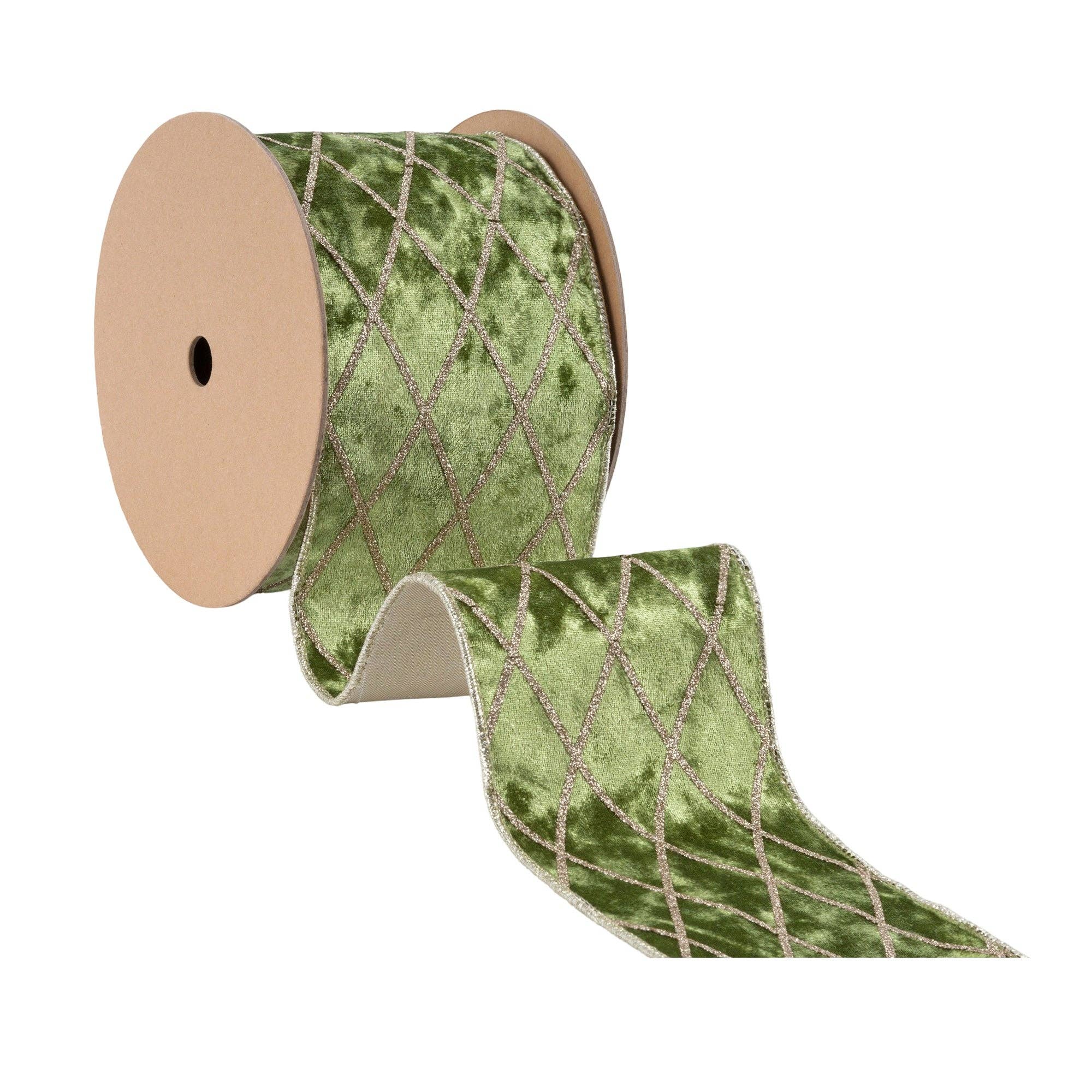 Wired Velvet Ribbon Willow Green Glittered Diamond 10yd