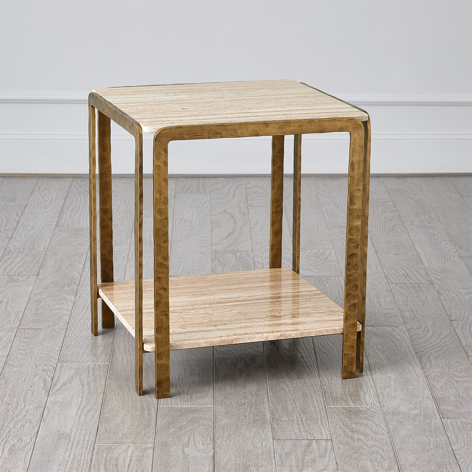 Kraft Side Table-Light Bronze w/Travertine by Global Views *