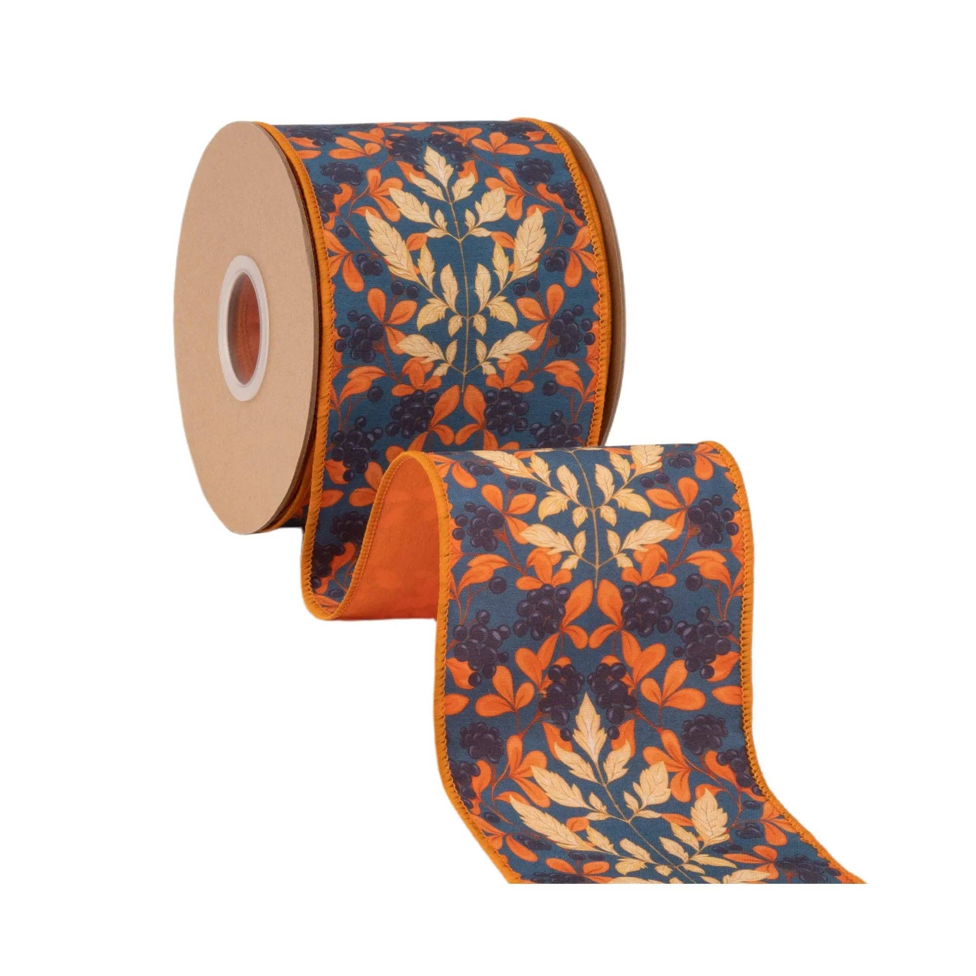 4" Wired Dupioni Ribbon | Orange and Cream Flame Print on Blue w/ Satin Orange Backing | 10 Yard Roll