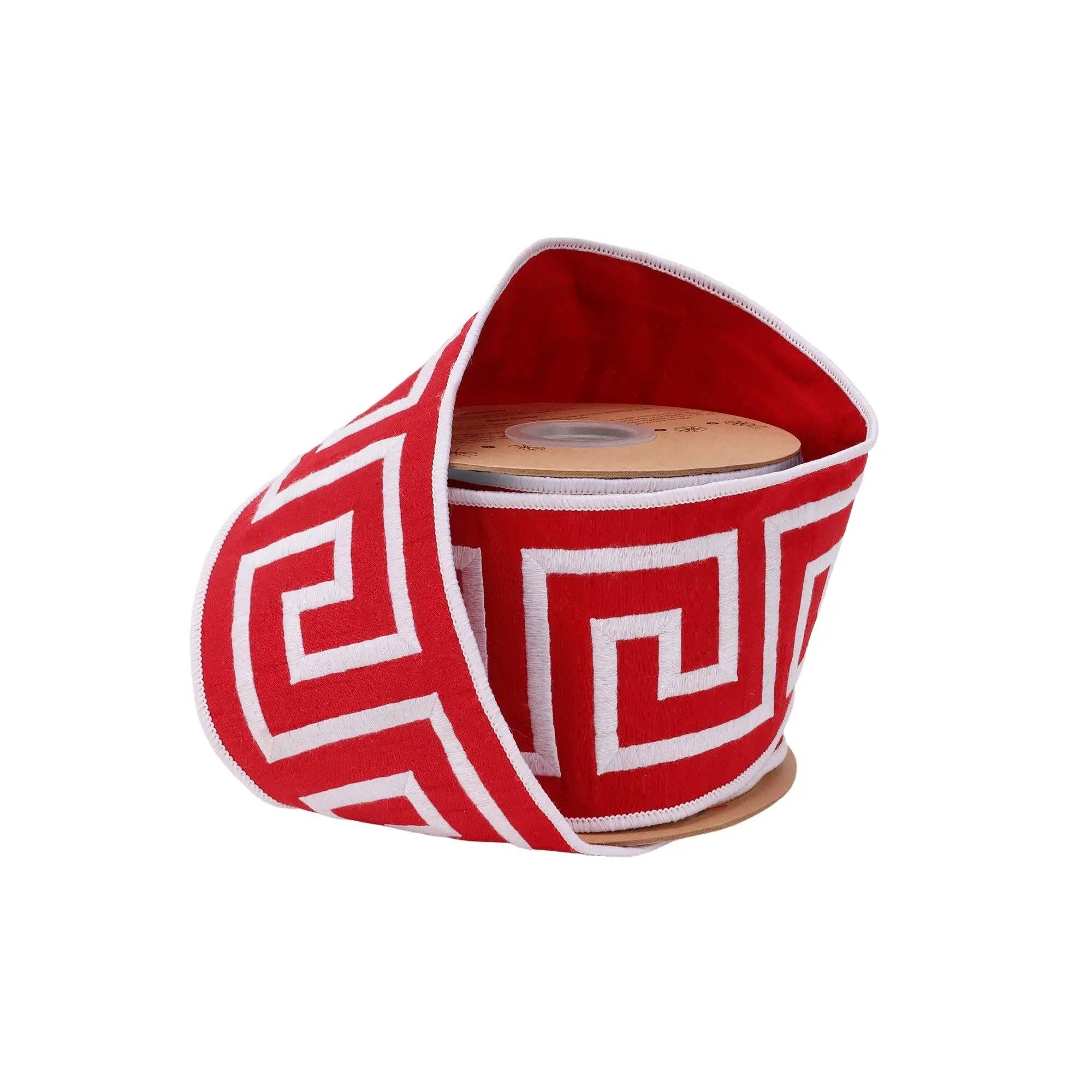 4" Wired Ribbon | Red/White Greek Key | 5 Yard Roll