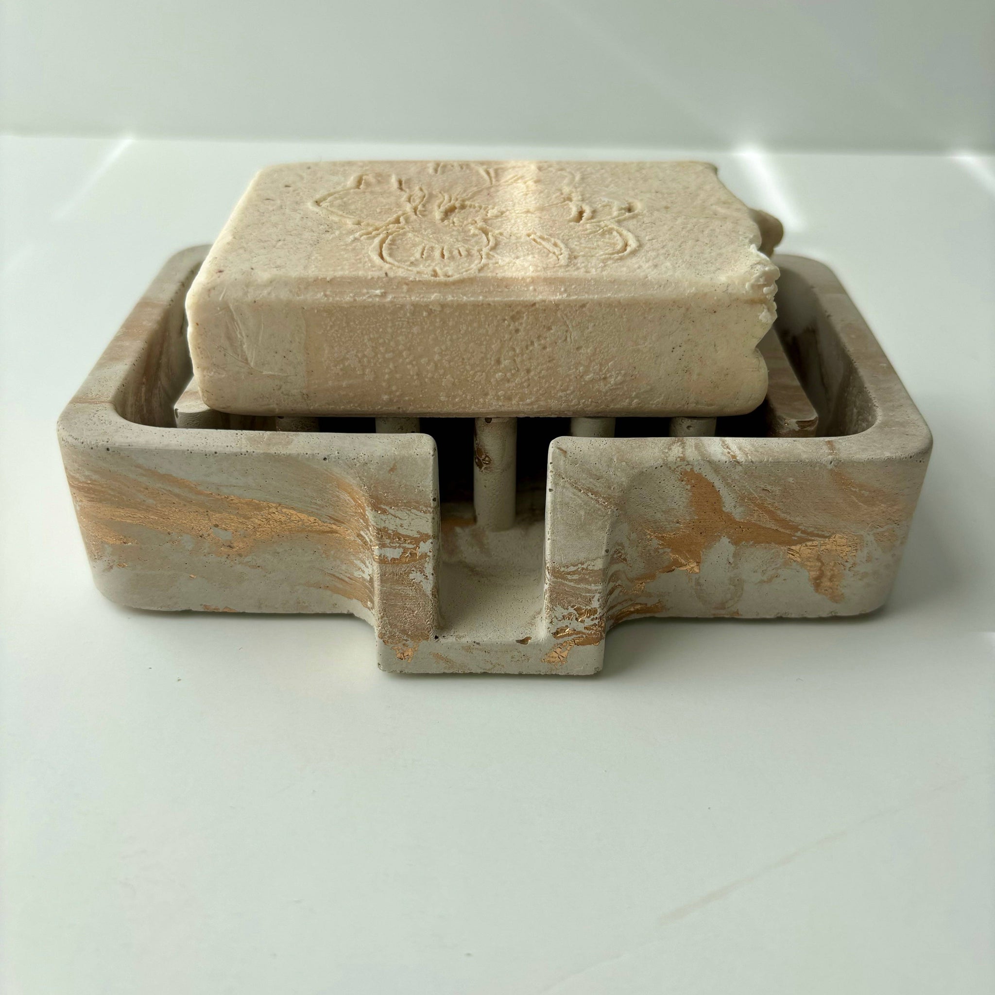 Soap Holder | Concrete Soap Dish: Light Gray & Gold *