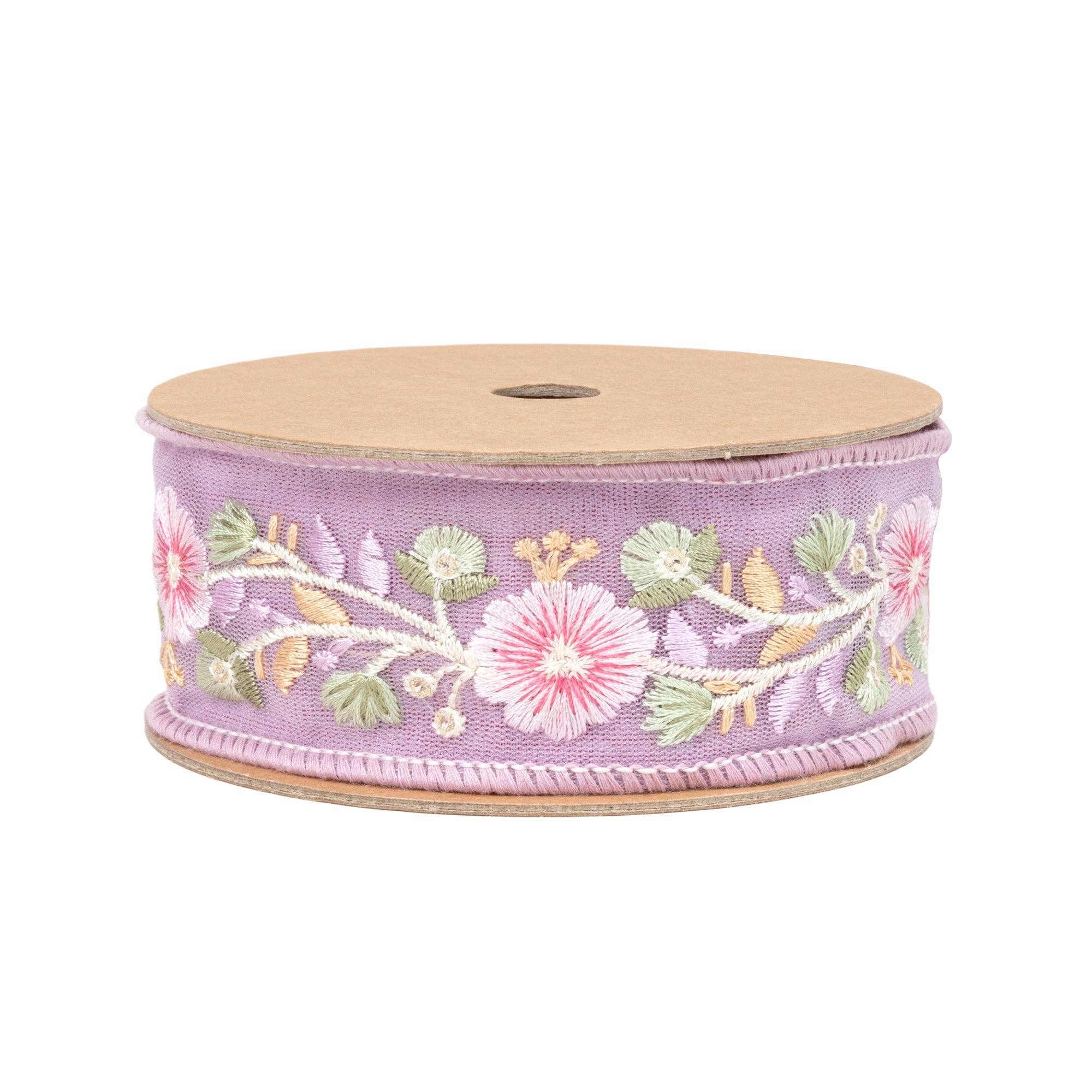1 1/2" Wired Dupioni Ribbon | Lavender Flower Trim | 5 Yard Roll