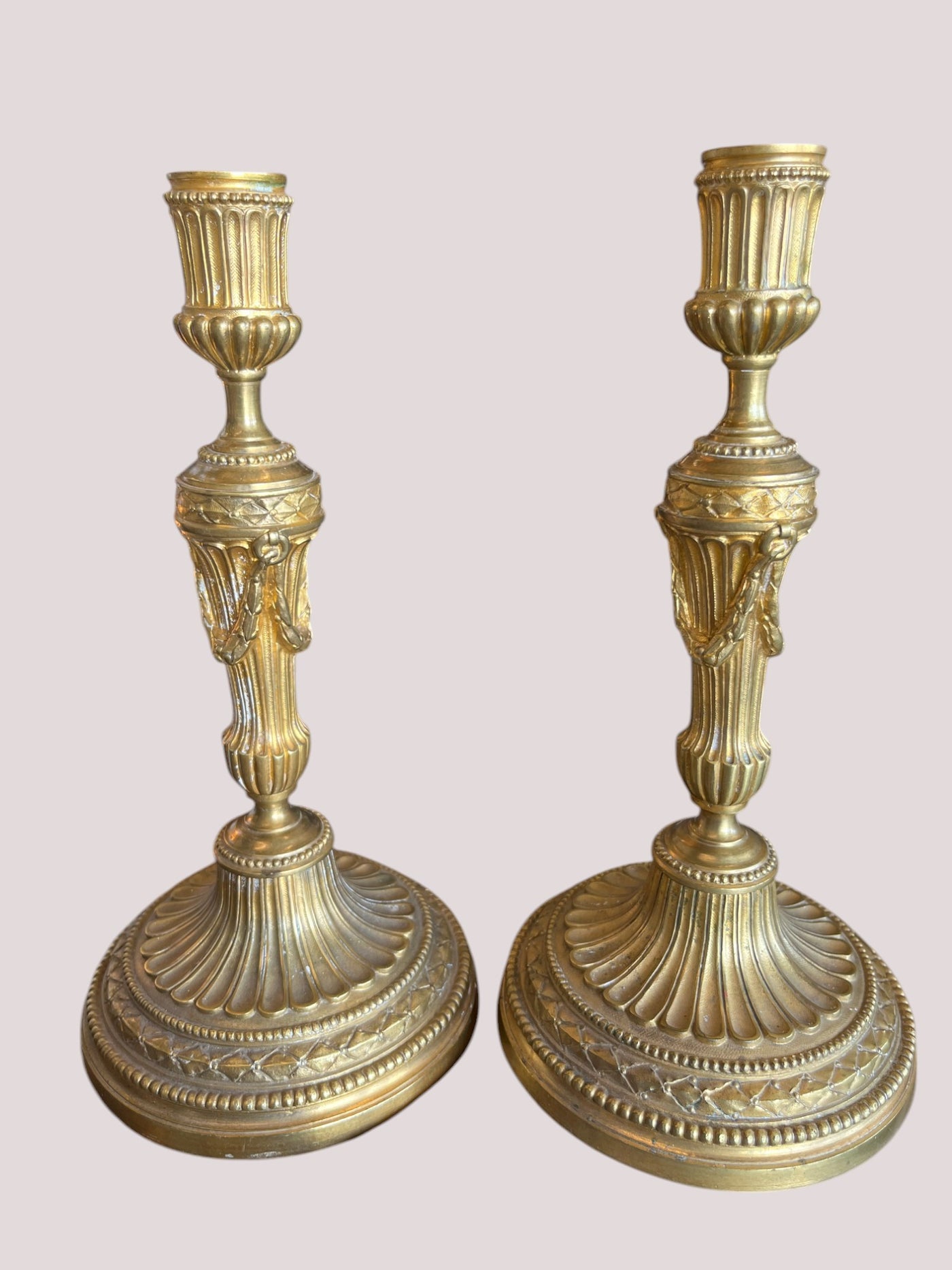 Candlesticks in Gilt Bronze, 19th Century, In Style of French XVI, Pair