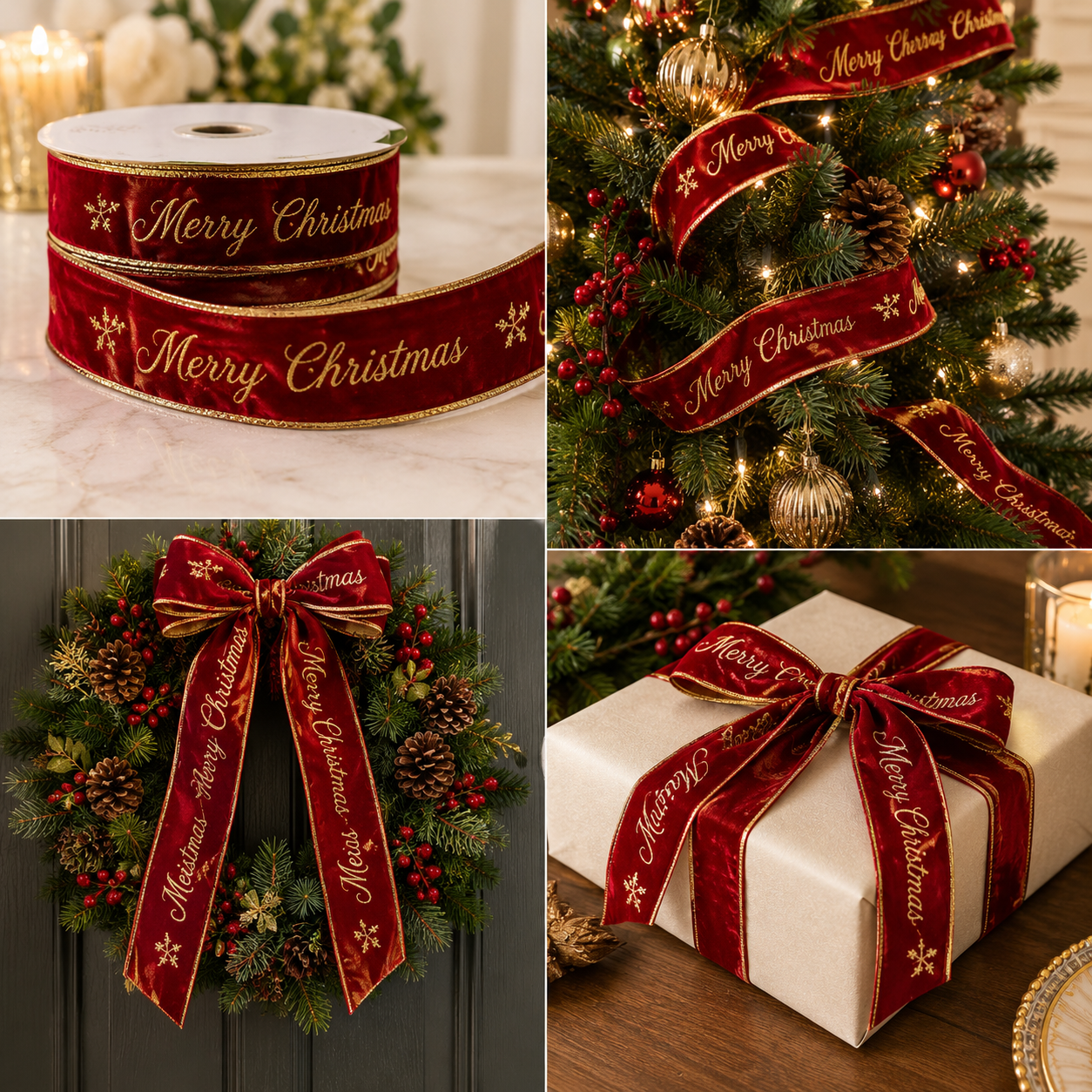 2 1/2" Embroidery Velvet | Red Merry Christmas w/ Gold Backing | 5 Yard Roll