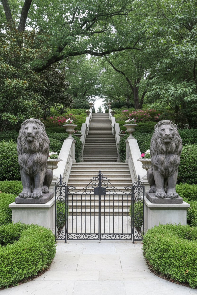 Two Large Vintage Stone Lions Set of 2