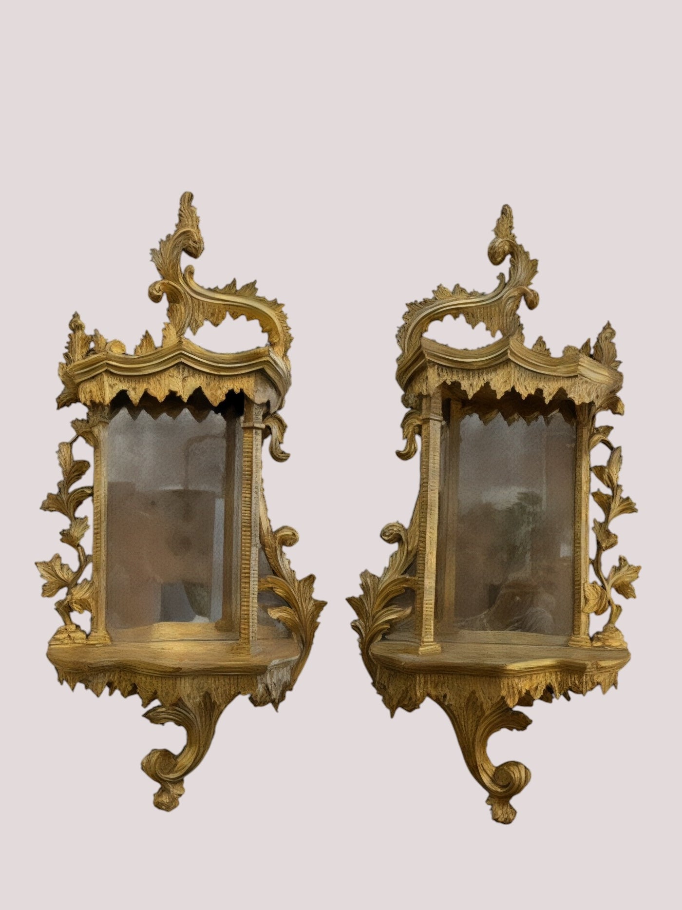 Vintage Italian Carved Gold Giltwood Mirrors Wall Brackets, Pair