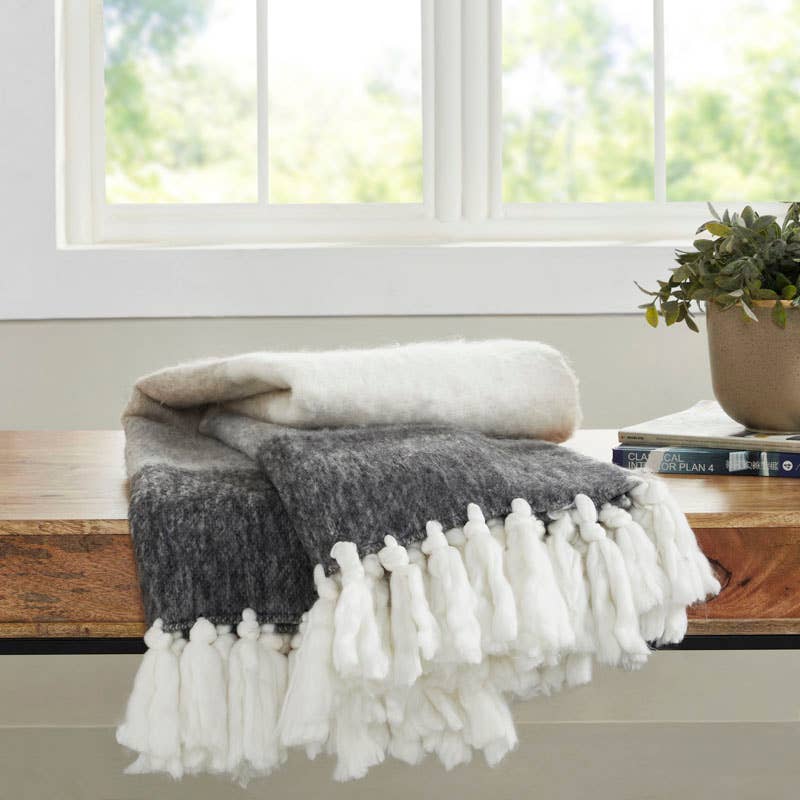 Gradient Faux Mohair Throw Blanket I 50"x 70" I Ivory Grey *