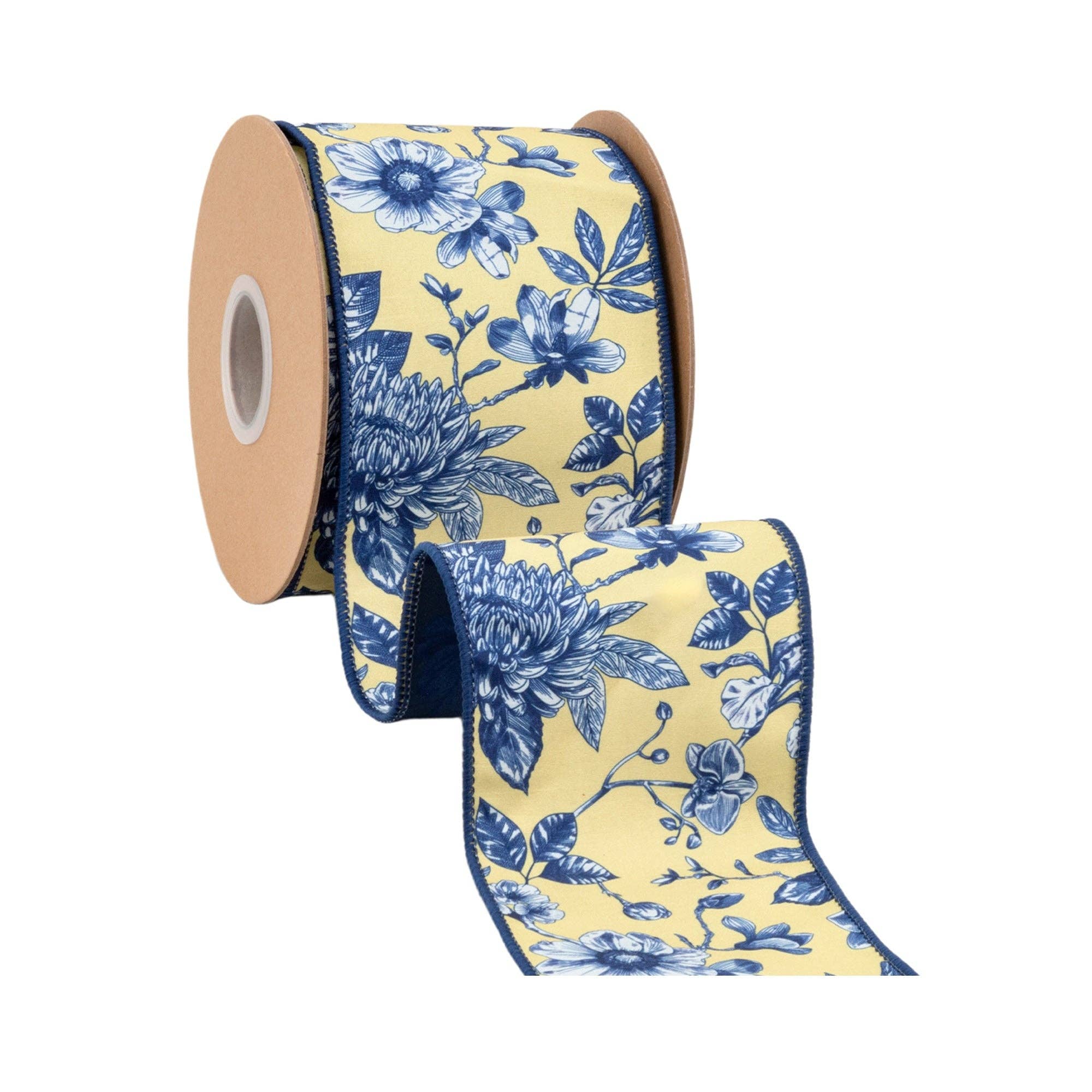 4" Wired Dupioni Ribbon | Blue and Yellow Toile w/ Blue Backing | 10 Yard Roll