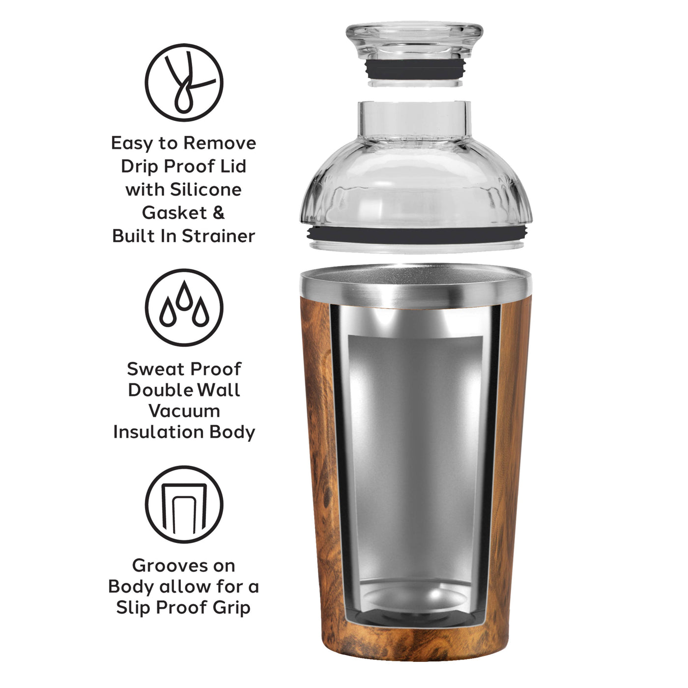 Groove Double Wall Cocktail Shaker (17 oz) Woodgrain