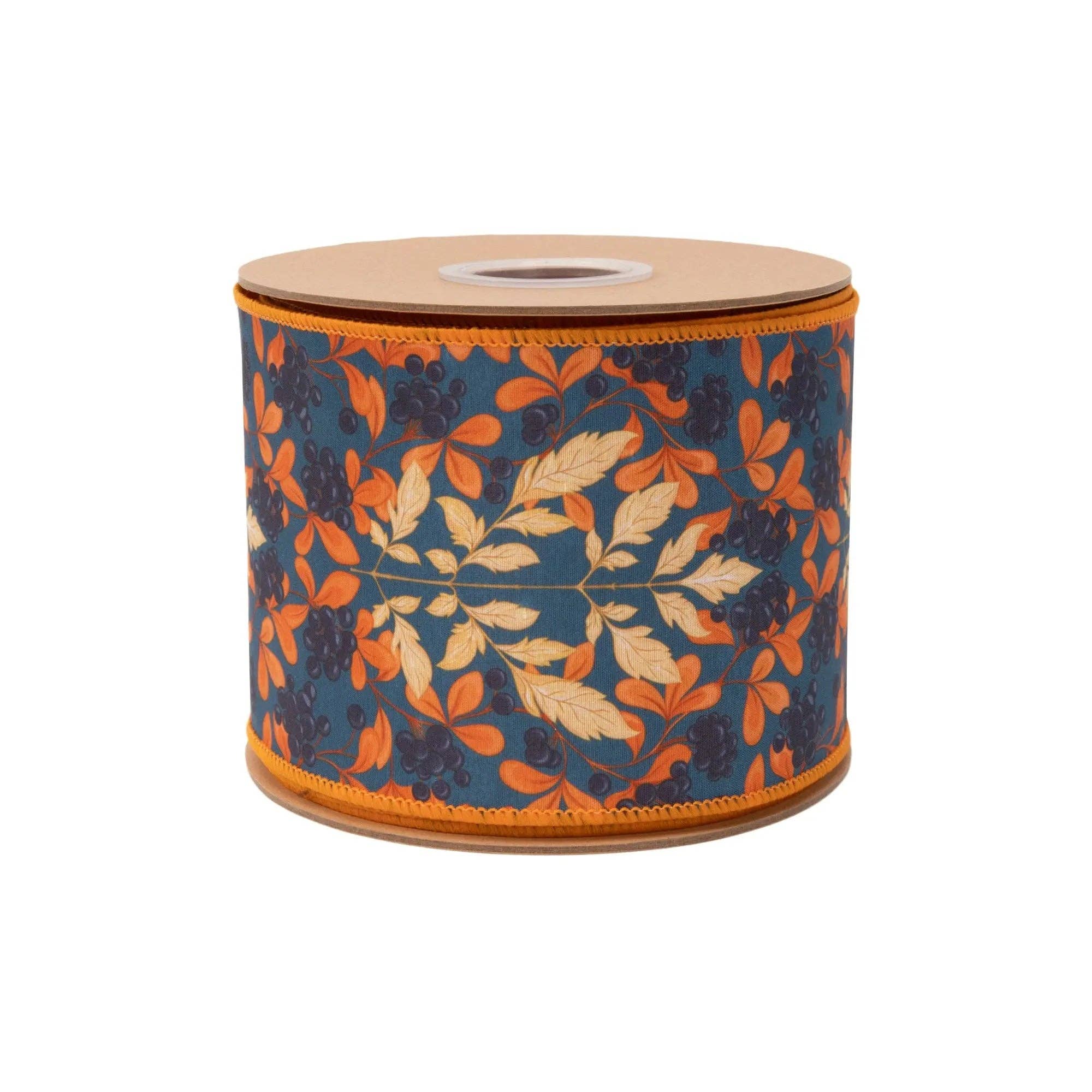4" Wired Dupioni Ribbon | Orange and Cream Flame Print on Blue w/ Satin Orange Backing | 10 Yard Roll