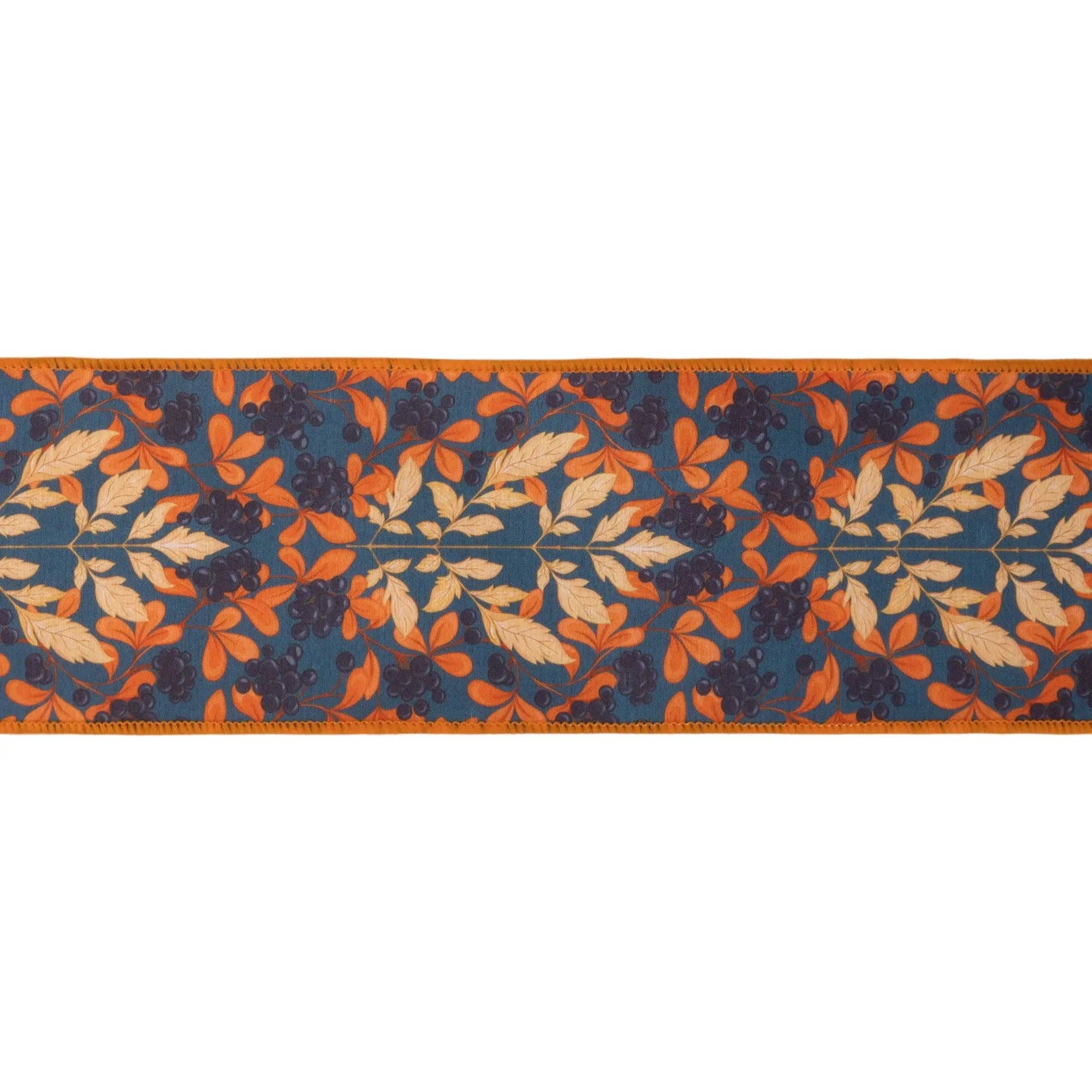 4" Wired Dupioni Ribbon | Orange and Cream Flame Print on Blue w/ Satin Orange Backing | 10 Yard Roll