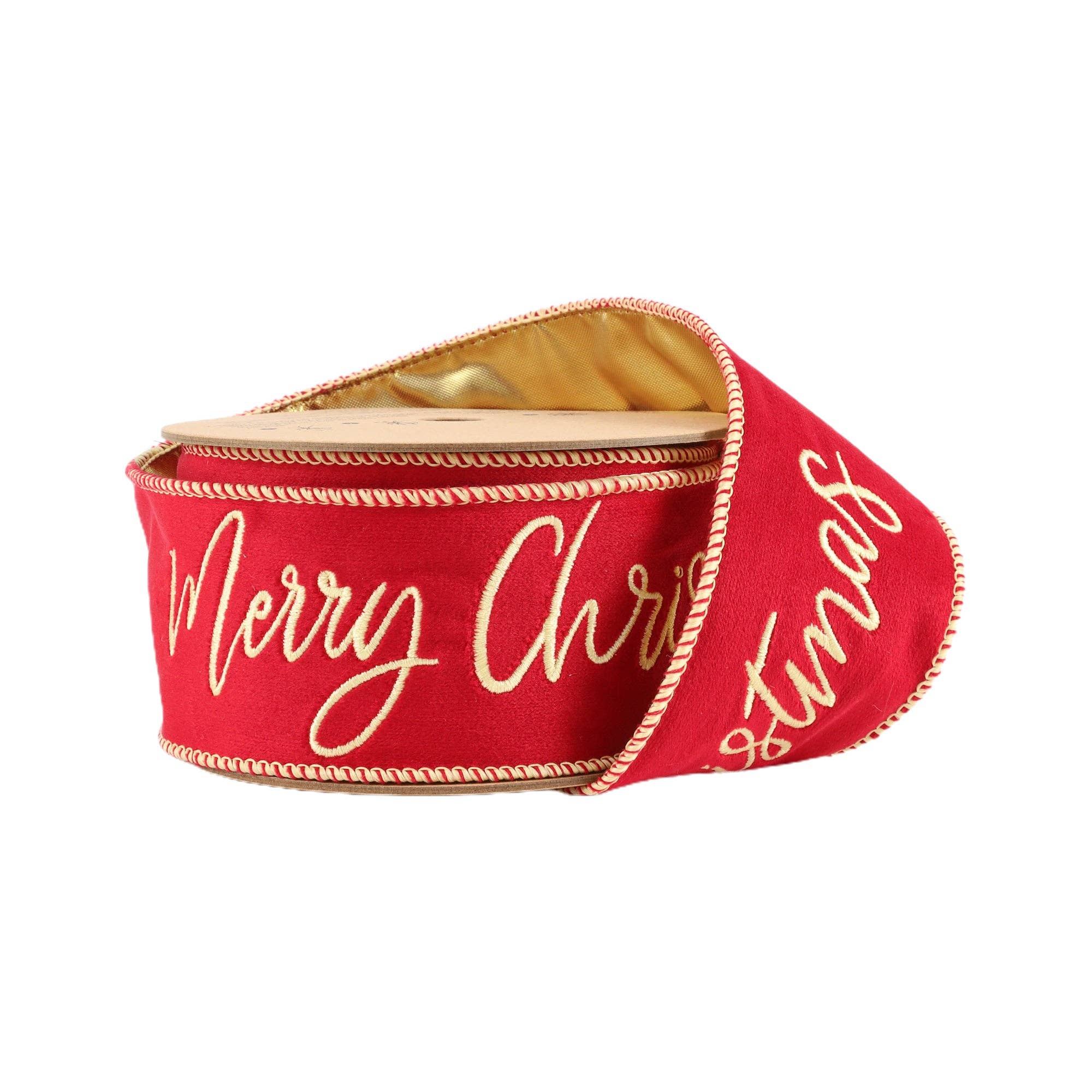 2 1/2" Embroidery Velvet | Red Merry Christmas w/ Gold Backing | 5 Yard Roll | Ammons Home Decor