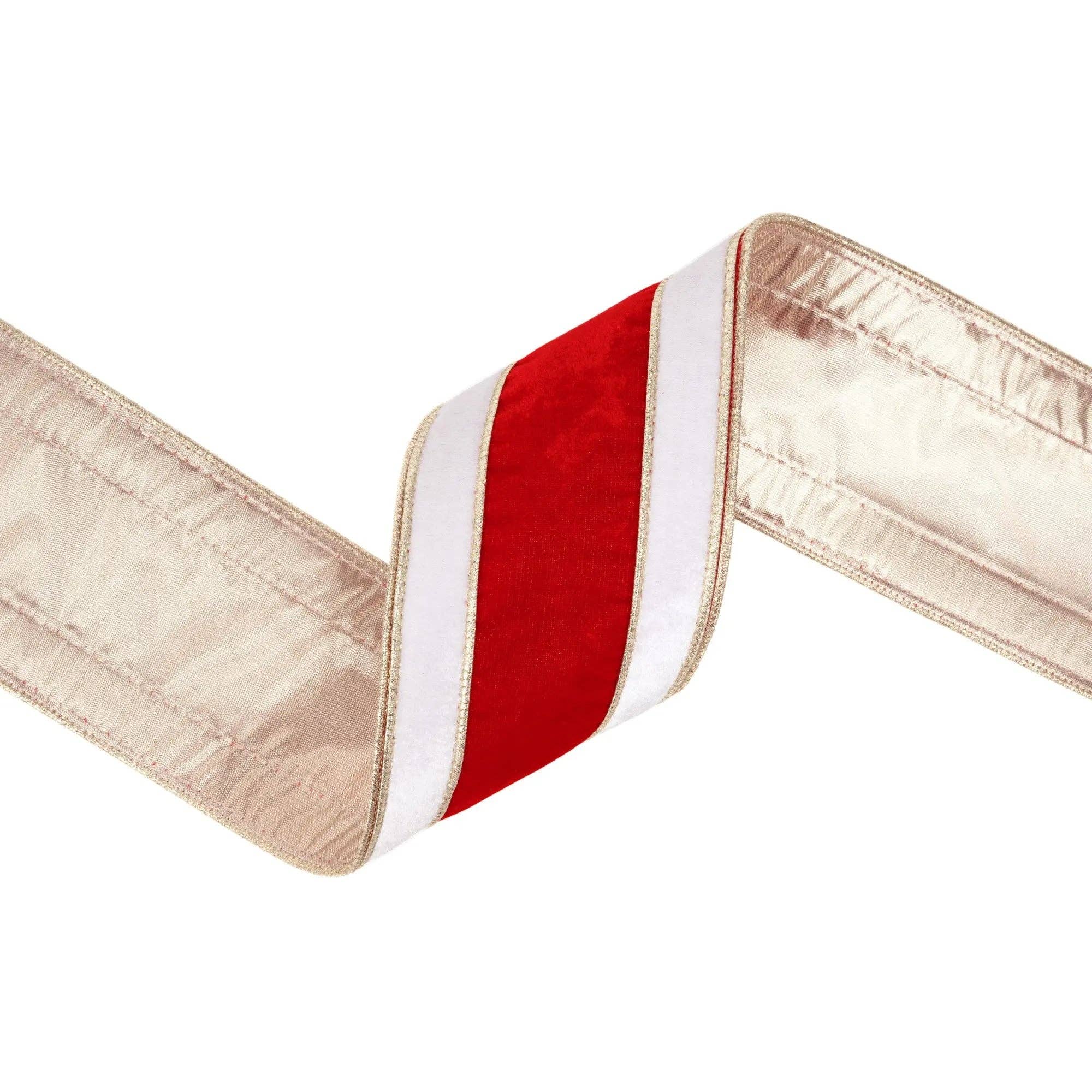 4" Wired Velvet Ribbon | Red/White/Gold Banded w/ Gold Backing | 10 Yard Roll