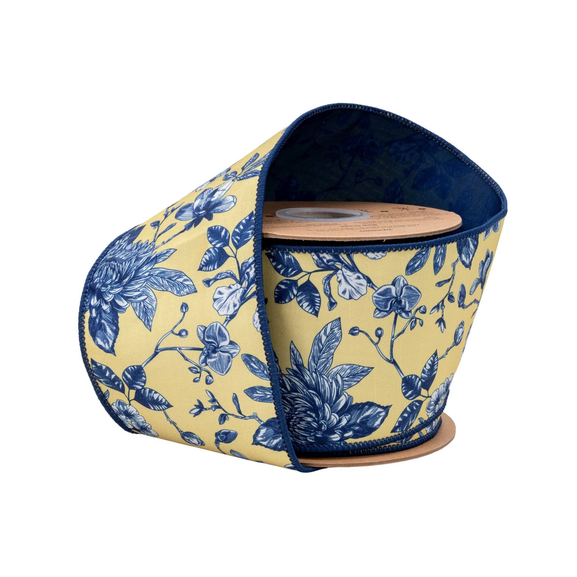 4" Wired Dupioni Ribbon | Blue and Yellow Toile w/ Blue Backing | 10 Yard Roll