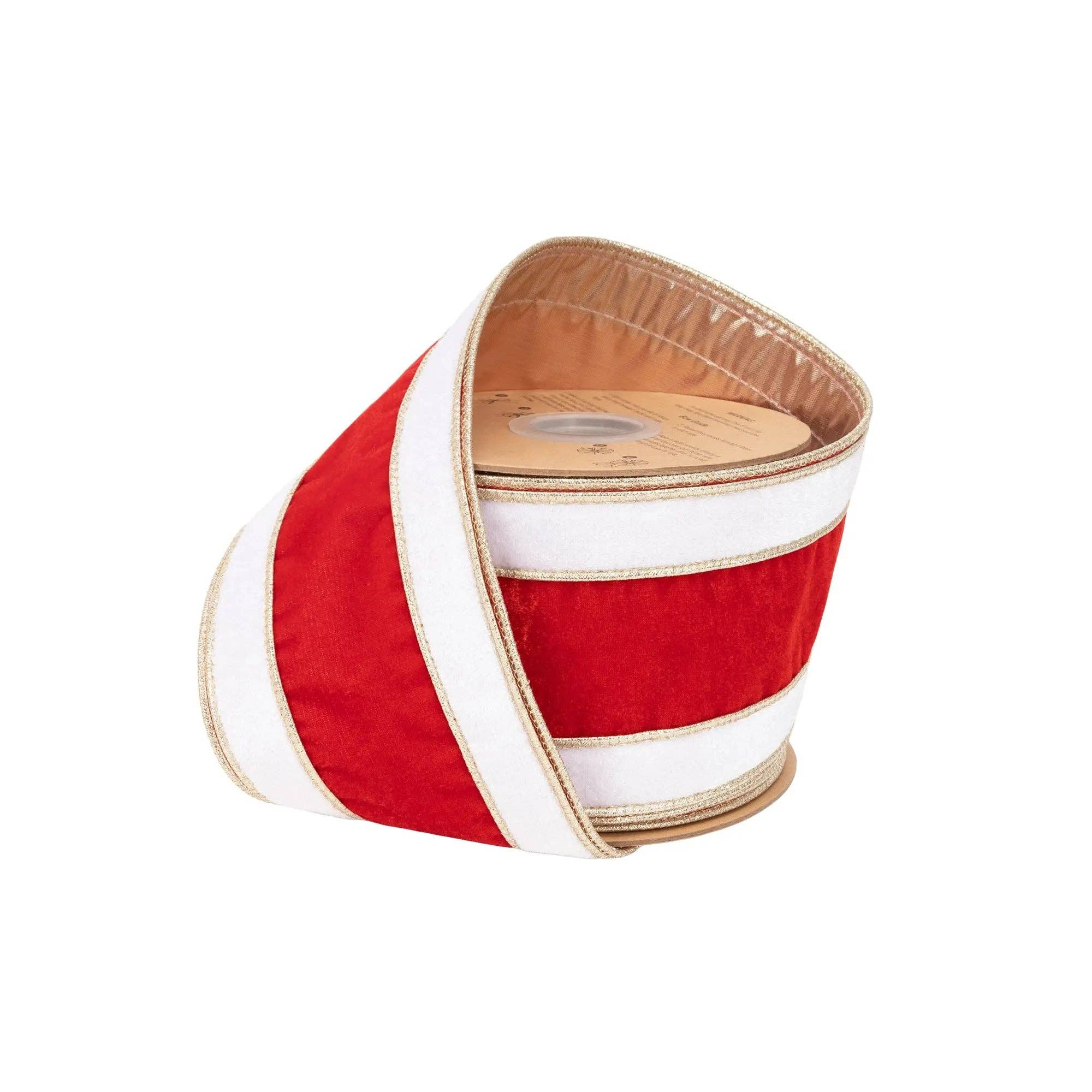 4" Wired Velvet Ribbon | Red/White/Gold Banded w/ Gold Backing | 10 Yard Roll