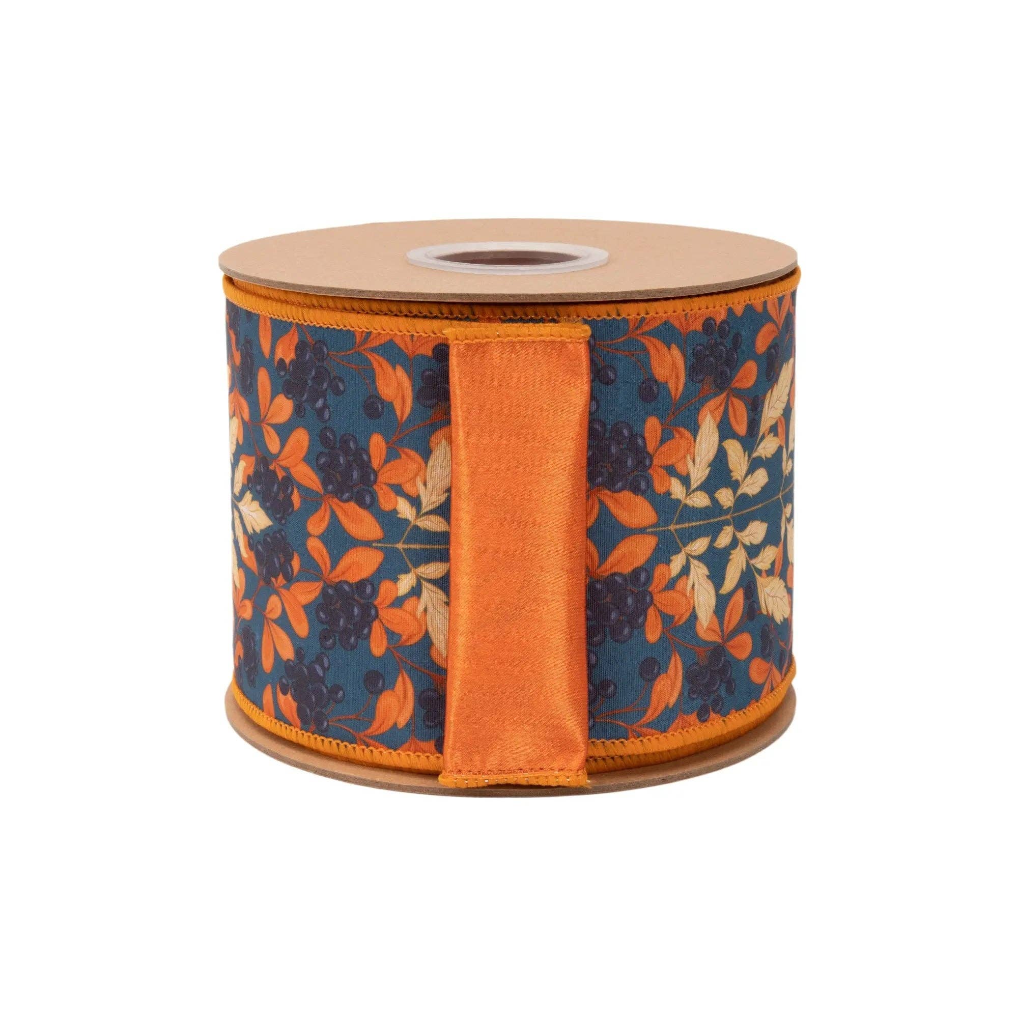 4" Wired Dupioni Ribbon | Orange and Cream Flame Print on Blue w/ Satin Orange Backing | 10 Yard Roll