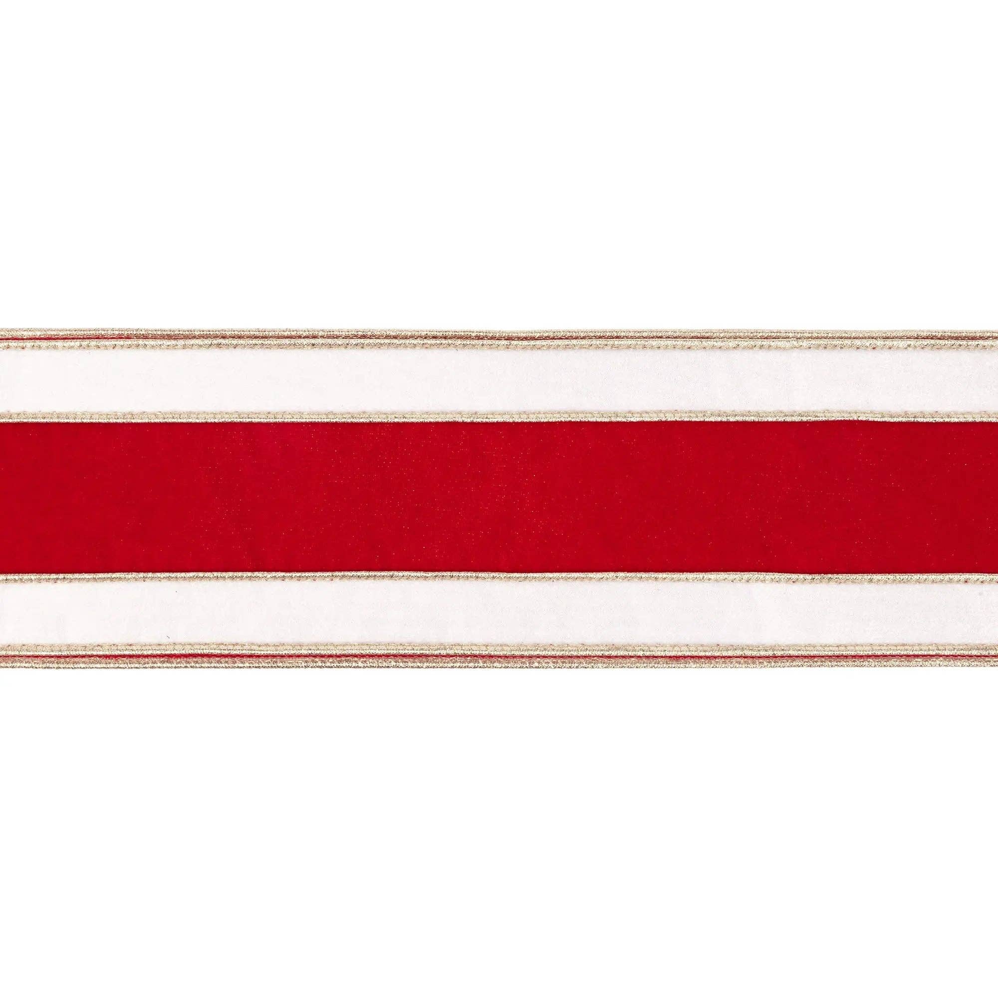 4" Wired Velvet Ribbon | Red/White/Gold Banded w/ Gold Backing | 10 Yard Roll