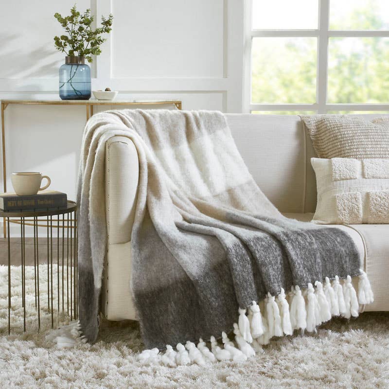 Gradient Faux Mohair Throw Blanket I 50"x 70" I Ivory Grey *