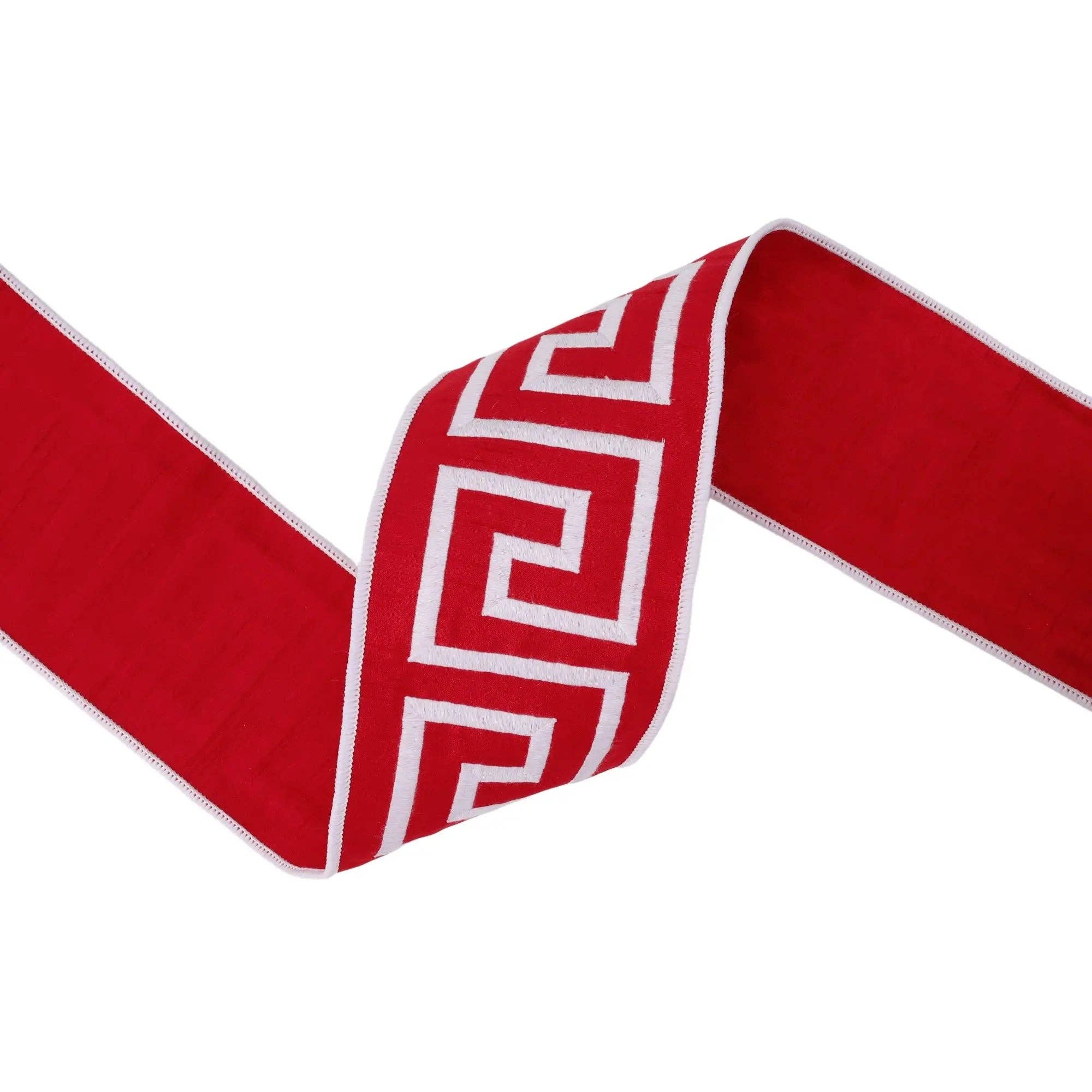 4" Wired Ribbon | Red/White Greek Key | 5 Yard Roll