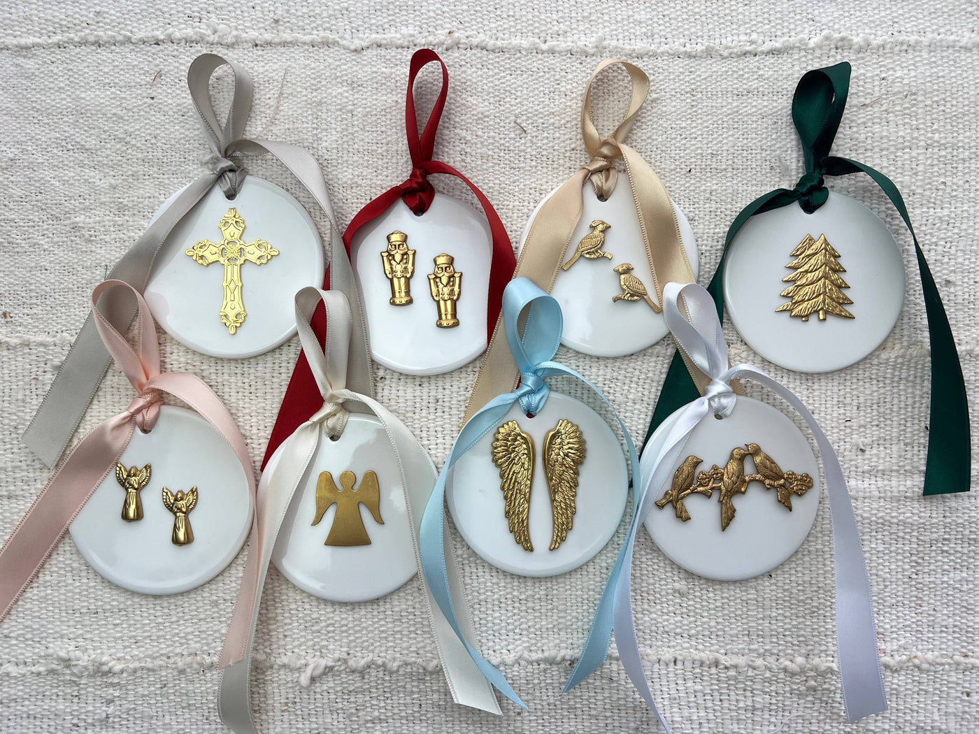 Gold Accent Angel Wings Ornaments: Beige Ribbon