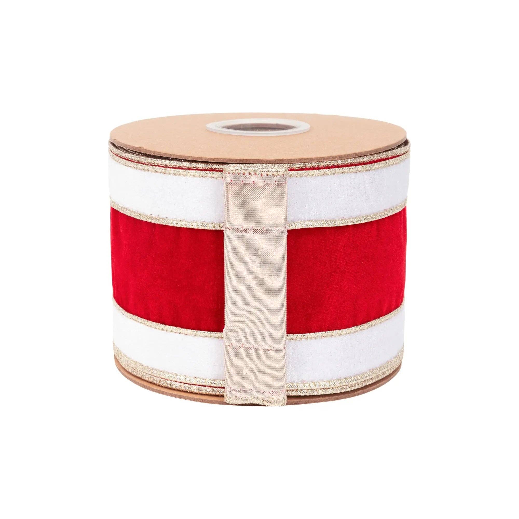 4" Wired Velvet Ribbon | Red/White/Gold Banded w/ Gold Backing | 10 Yard Roll