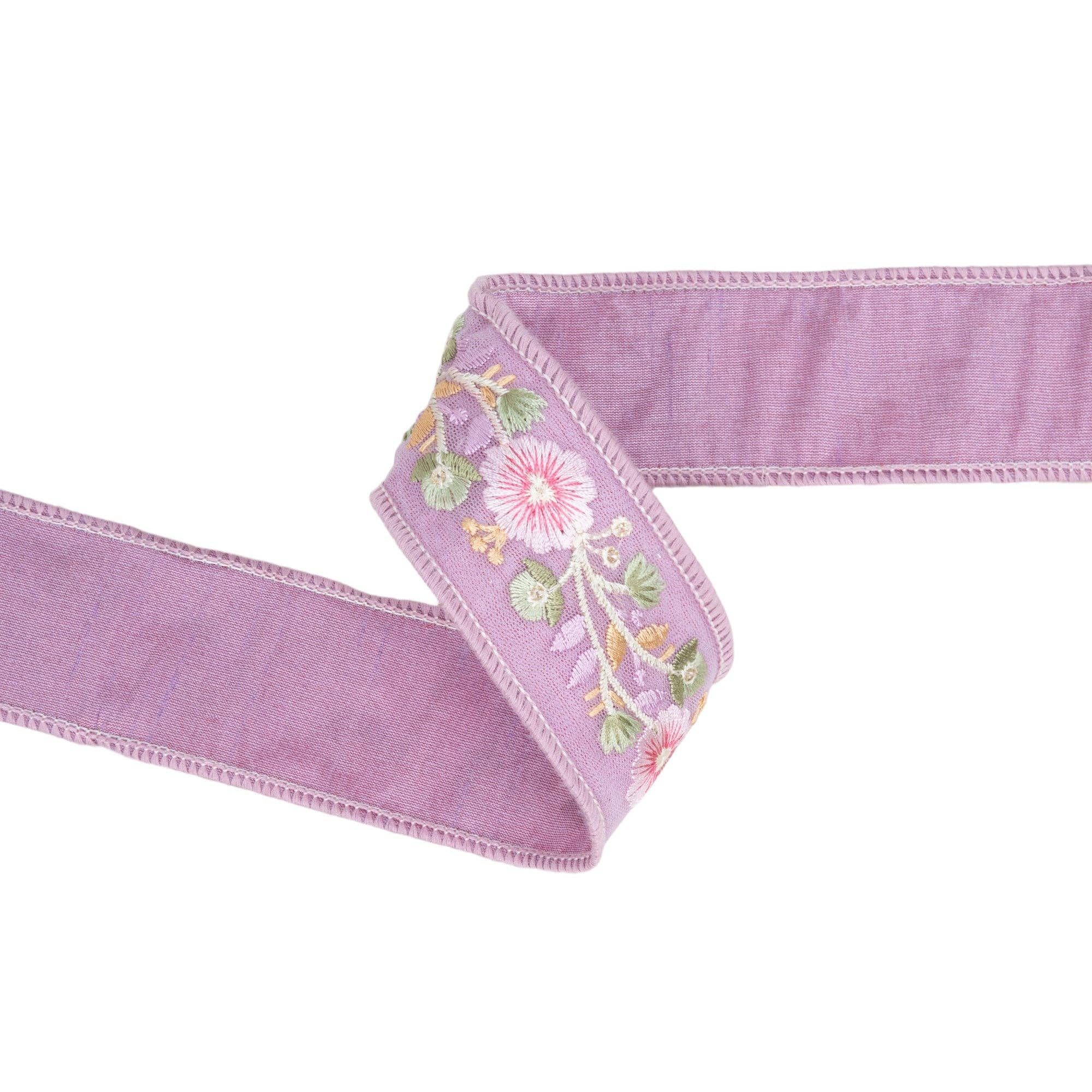 1 1/2" Wired Dupioni Ribbon | Lavender Flower Trim | 5 Yard Roll